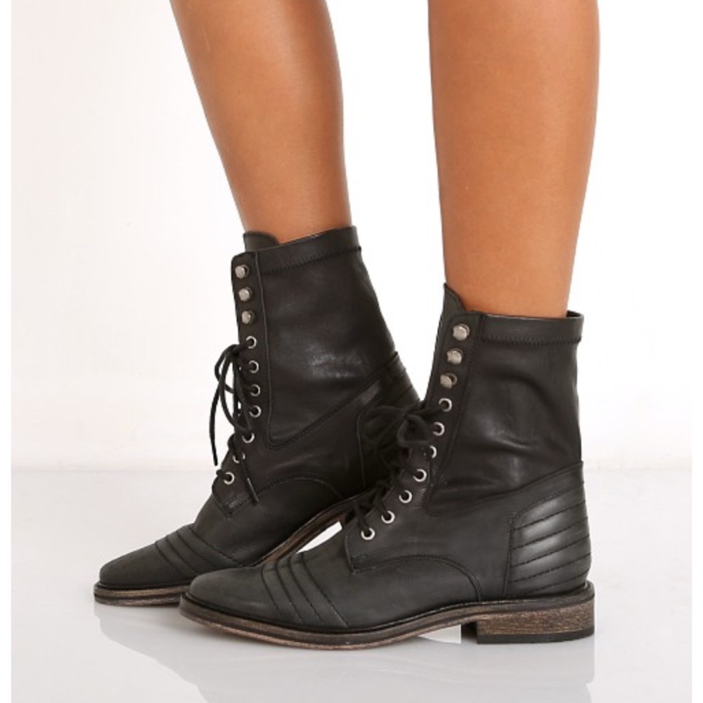 Free People Black Leather military motorcycle distressed combat Boots RARE